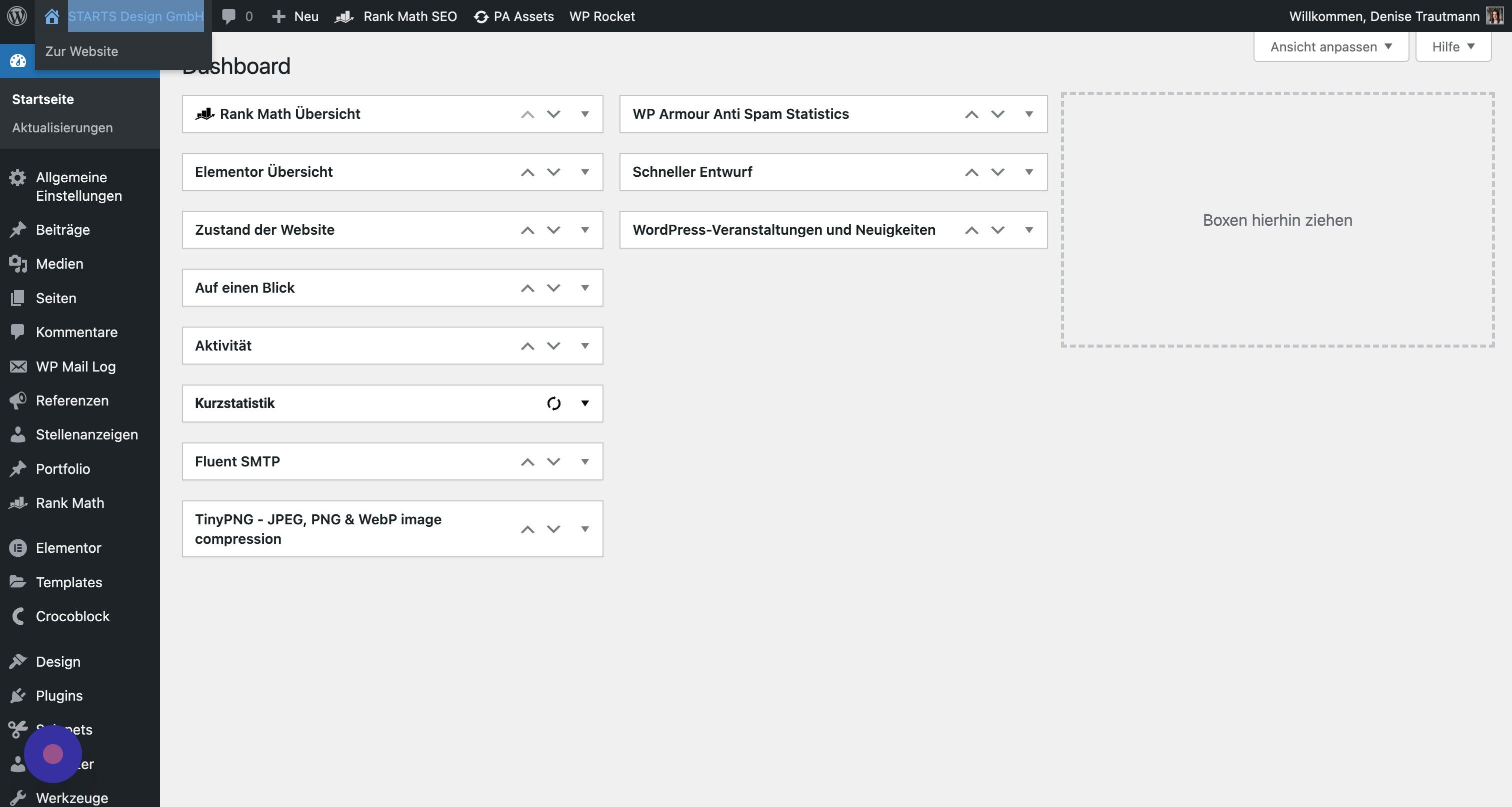Screenshot of: Über den Klick auf Deinen Unternehmensnamen, in diesem Fall "STARTS Design GmbH", kommst Du in die Frontend-Ansicht Deiner Webseite.