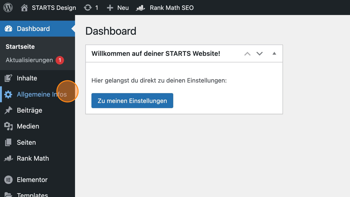 Screenshot of: Mit dem Klick auf "Allgemeine Infos" oder "Globale Einstellungen" (je nachdem wann Deine Webseite bei uns erstellt wurde), gelangst Du zu den globalen Einstellungen, sprich den Informationen, die an mehreren Stellen eingebunden sein können und dort immer gleich ausgegeben werden.