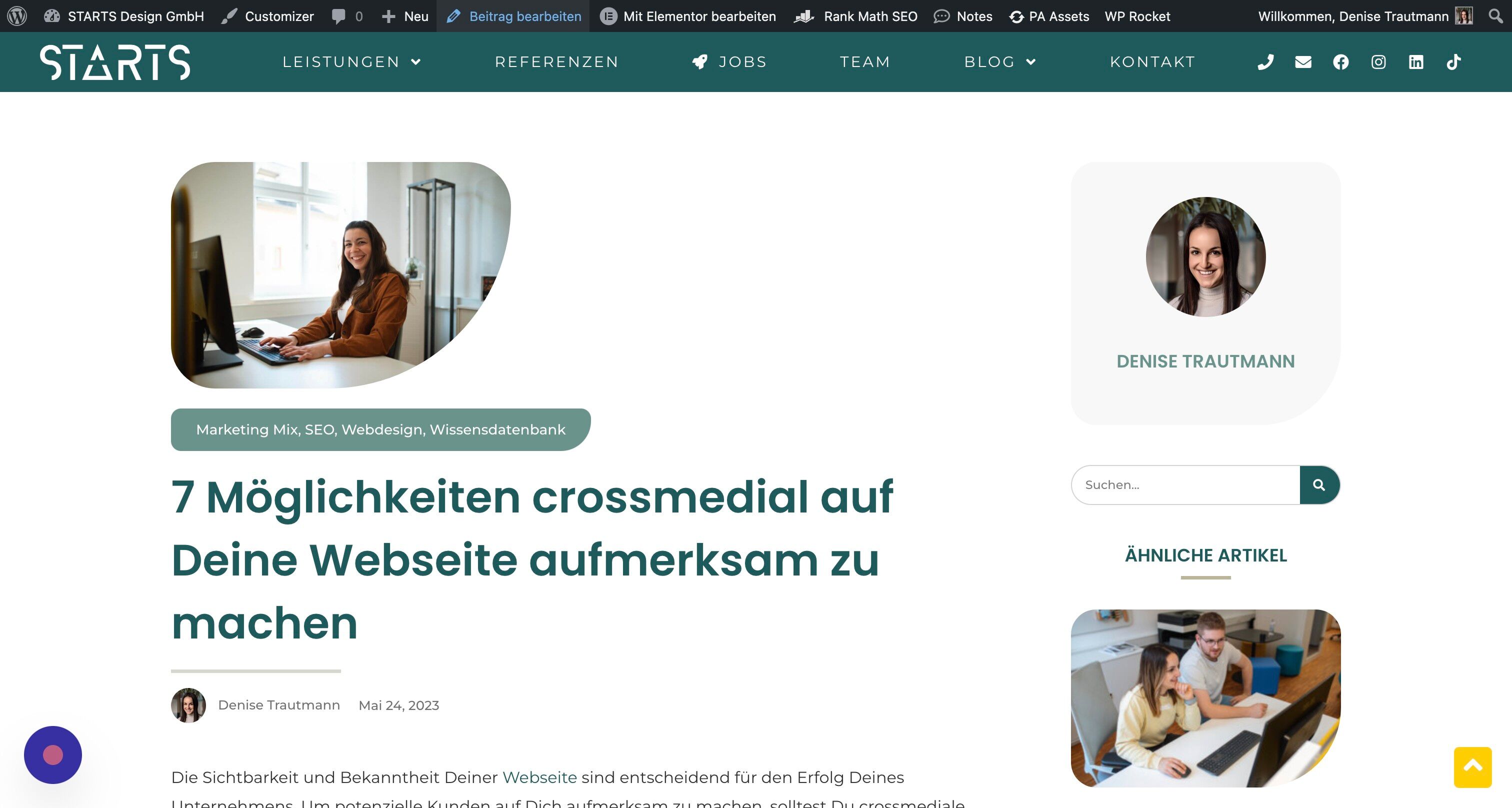 Screenshot of: Bist Du eingeloggt, erscheint dann auf allen Seiten diese zusätzliche Admin-Leiste, über die Du Seiten direkt bearbeiten kannst. Bspw. bei Blogartikeln, Leistungen oder Stellenanzeigen über den Stift.