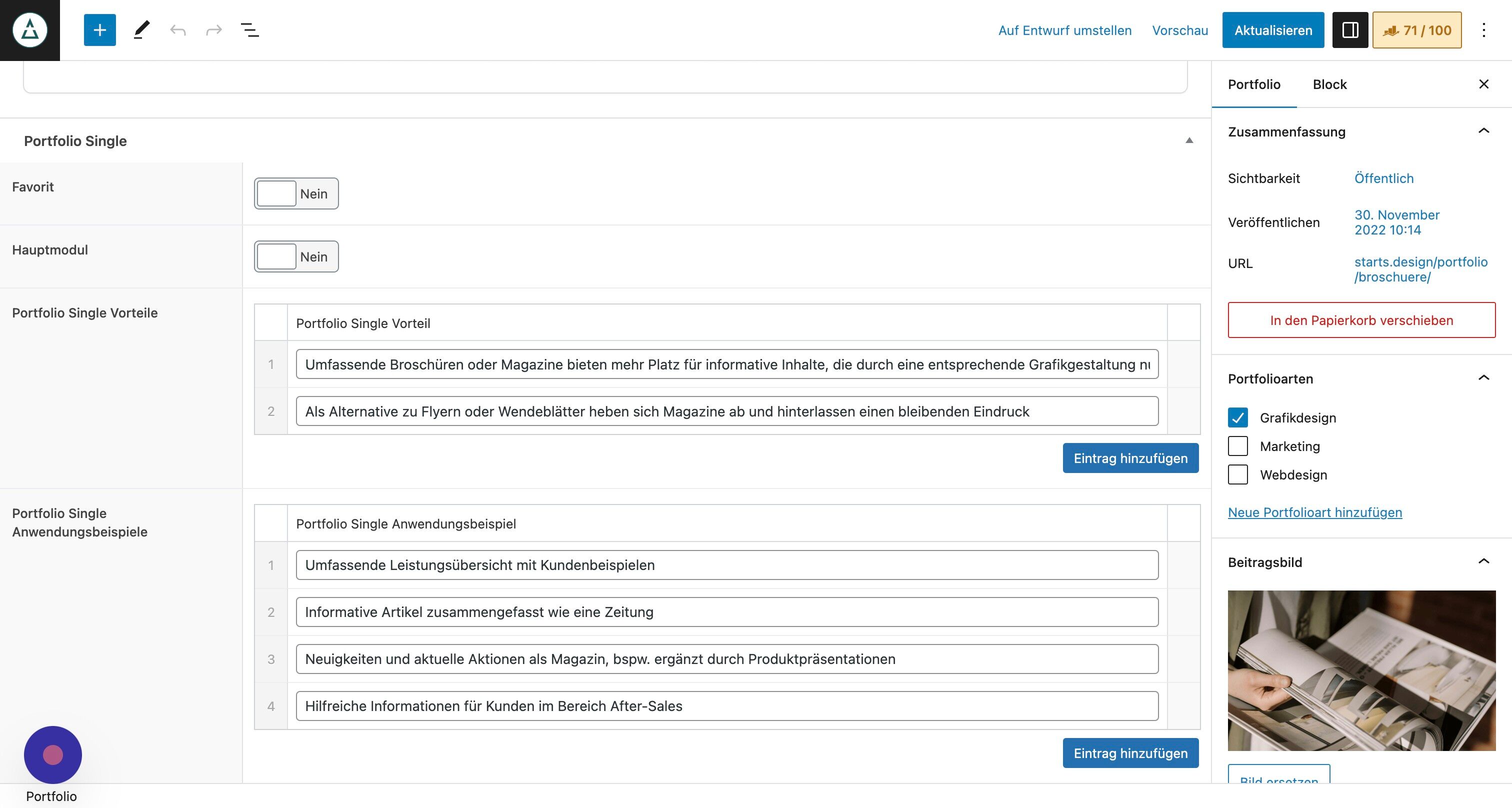 Screenshot of: Je nachdem, wie Dein dynamischer Inhalts aufgebaut ist, kannst Du die einzelnen Felder anpassen und über die den blauen Button "Aktualisieren" auch direkt live nehmen. Außerdem kannst Du mit Klick auf die Zahl oben rechts das Google Snippet anpassen.