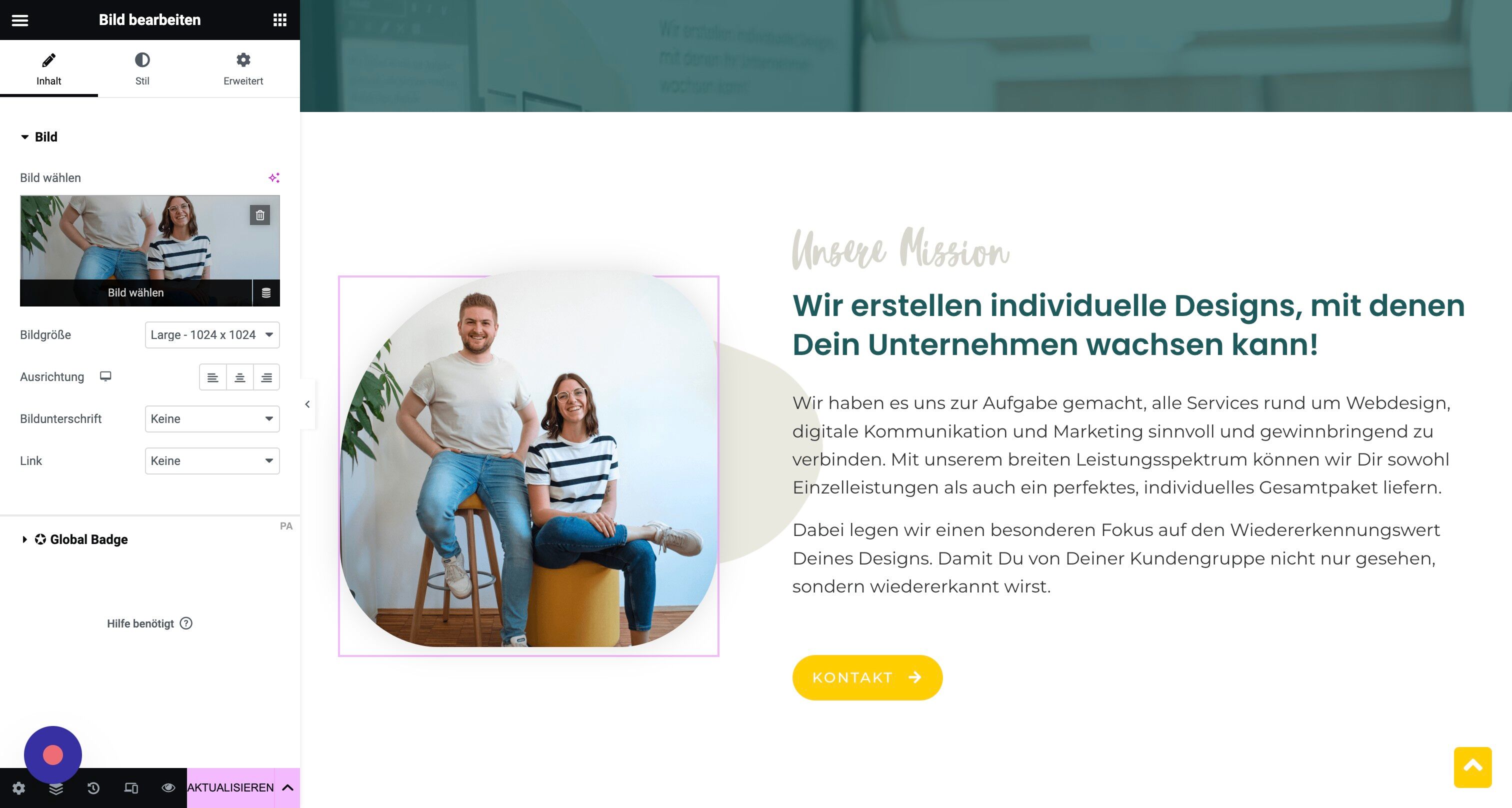 Screenshot of: Anschließend öffnet sich auf der linken Seite die Bearbeitungsleiste. Hier kannst Du mit Klick in das Bild dieses gegen eines aus der Mediathek oder gegen ein neu hochgeladenes tauschen.