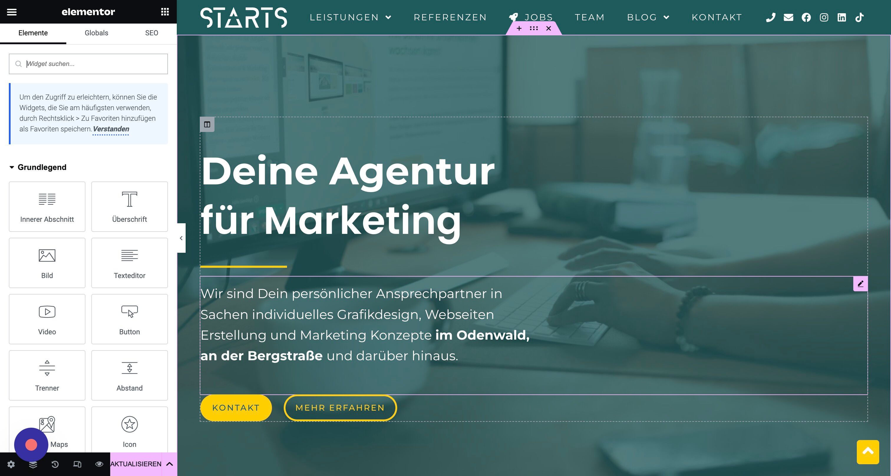 Screenshot of: Nach dem Klick auf "Mit Elementor bearbeiten" öffnet sich das Bearbeitungsmenü der Webseite. Über den pinken Stift an der Seite kannst Du nun Textfelder editieren.