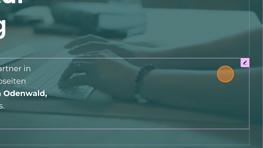 Screenshot of: Nach dem Klick auf "Mit Elementor bearbeiten" öffnet sich das Bearbeitungsmenü der Webseite. Über den pinken Stift an der Seite kannst Du nun Textfelder editieren.