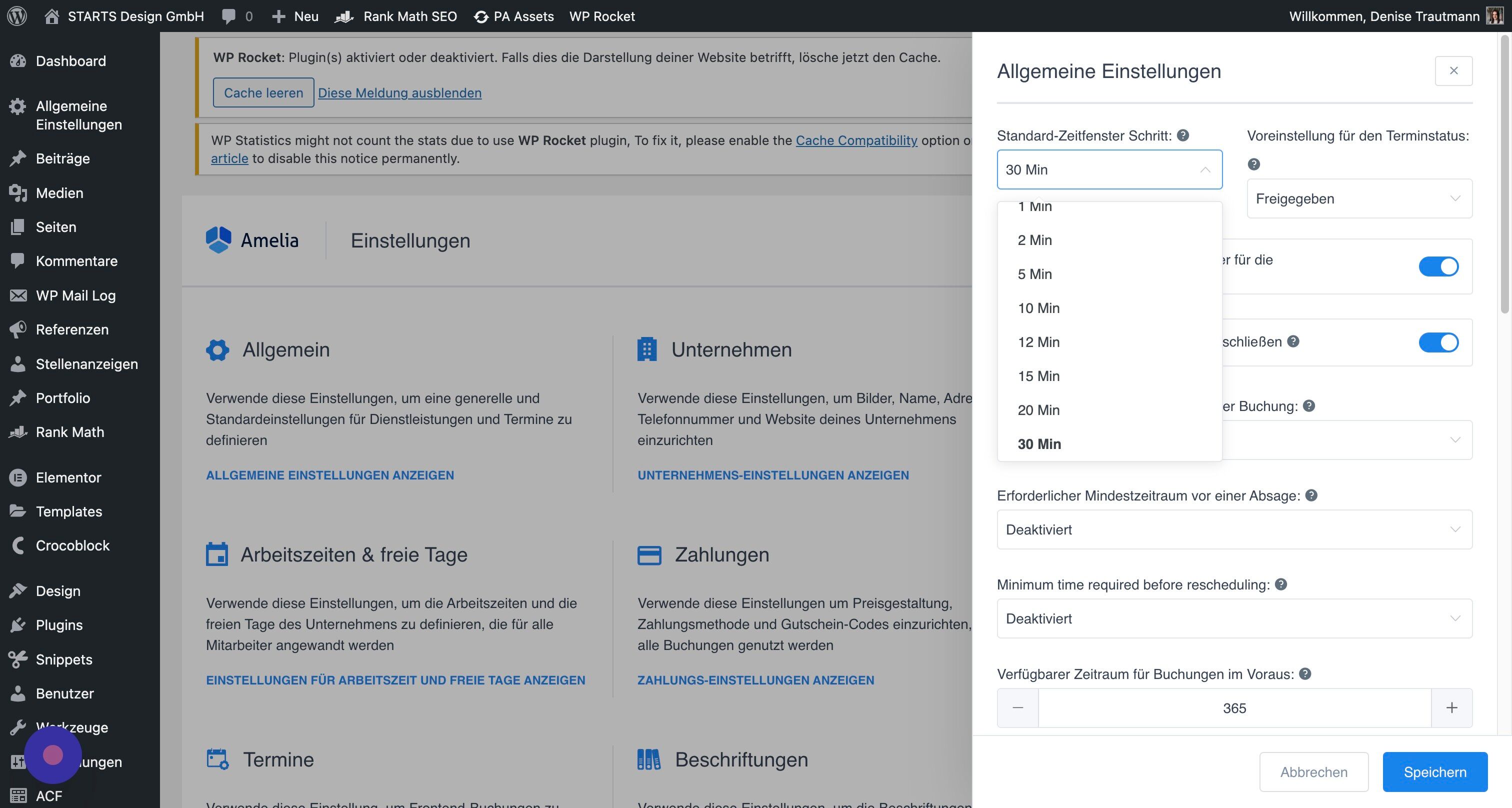 Screenshot of: Beispielsweise, ob Termine immer nur zur vollen halben Stunde oder auch in 15 Minuten Zeitfenstern gebucht werden können.