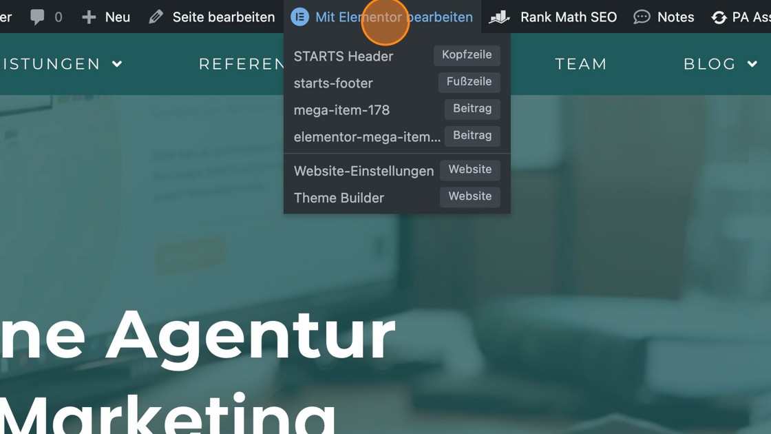 Screenshot of: Ob es wirklich eine statische Seite ist, siehst Du daran, dass Du mit der Maus auf "Mit Elementor bearbeiten" klicken kannst und in dem Dropdown kein "Archiv" oder "Single" auftaucht an der Stelle, an der aktuell "Webseite" steht.
