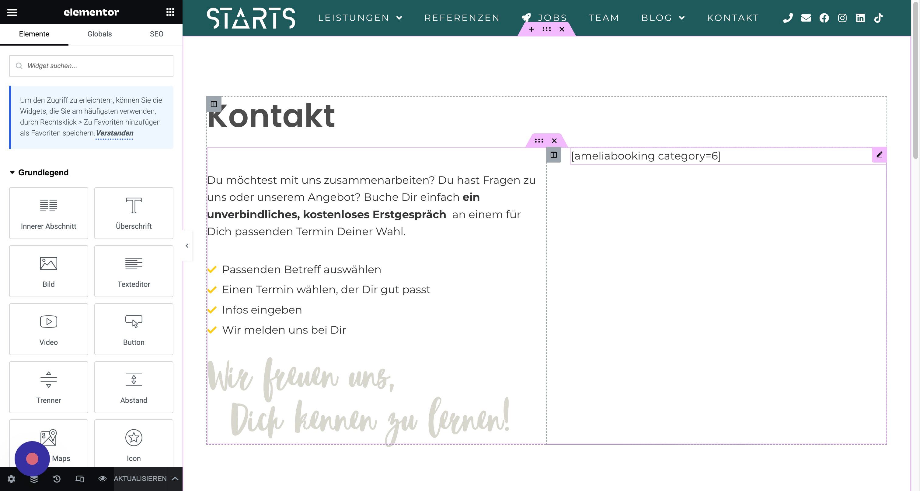 Screenshot of: Nun siehst Du, dass die Einbindung über einen Text-Schnipsel, einen sogenannten Shortcode funktioniert: "[ameliabooking category=6]"