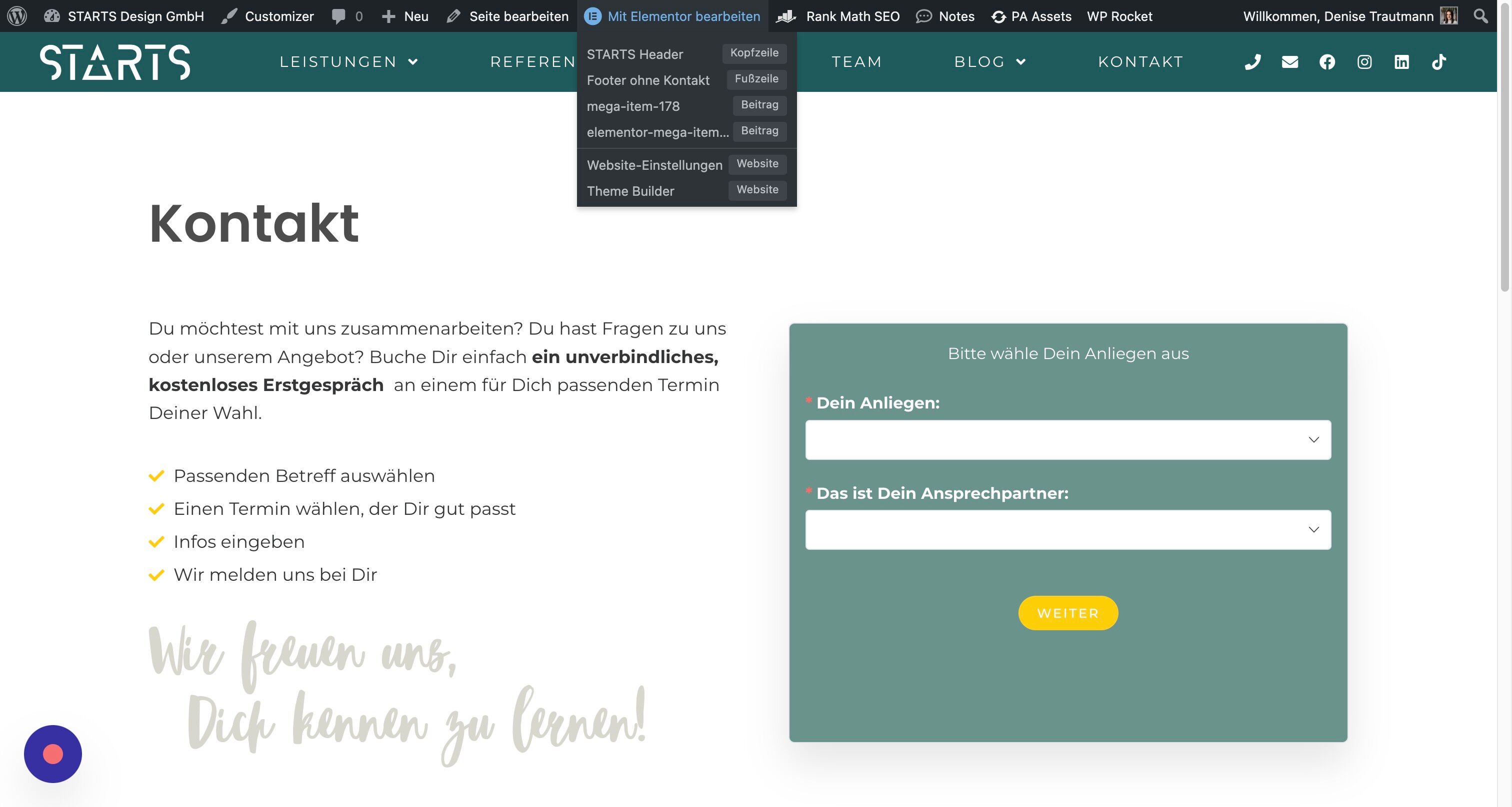 Screenshot of: Klicke oben auf die schwarze Zeile und dann auf "Mit Elementor bearbeiten".