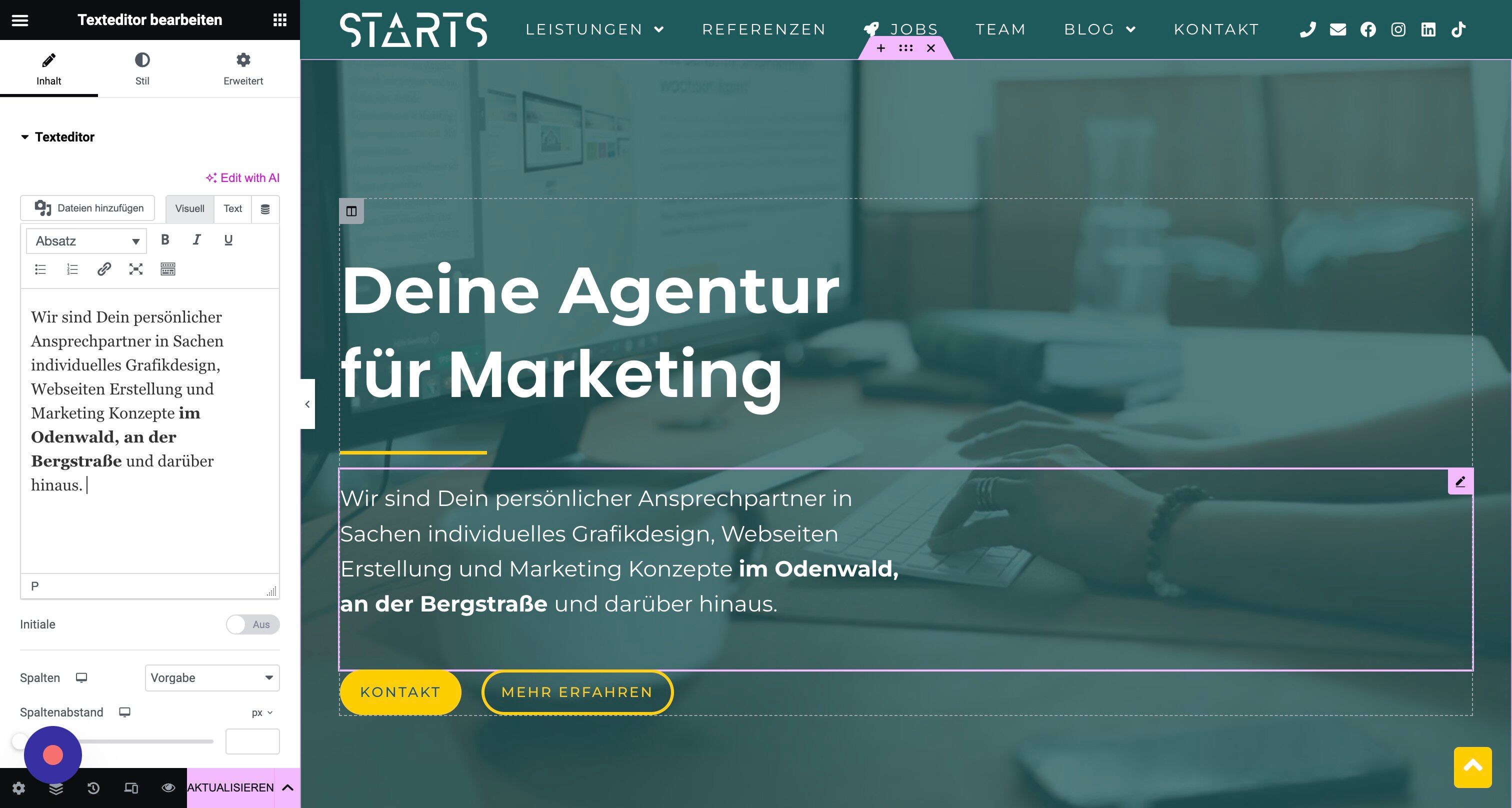 Screenshot of: Wichtig dabei ist, dass Du nicht in das Textfeld im Design tippst, sondern IMMER nur auf der linken Seite in das sich öffnende Textfeld. Je nach Texttyp (Überschrift, Fließtext, Button, etc.) kann es ein wenig anders aussehen. Auch bei Buttons kannst Du den Text ändern.