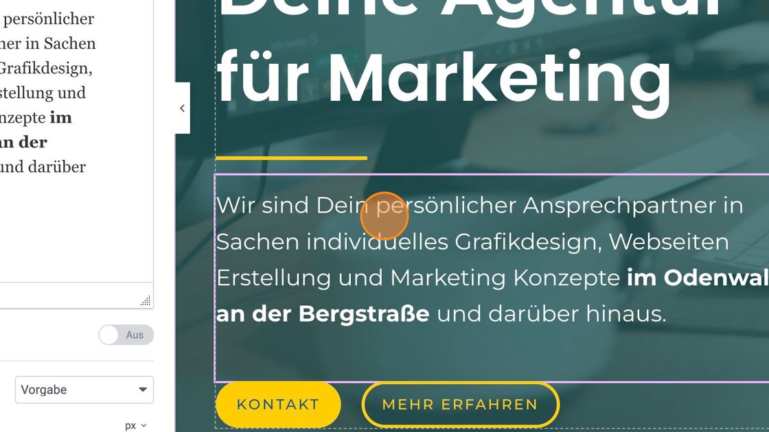 Screenshot of: Wichtig dabei ist, dass Du nicht in das Textfeld im Design tippst, sondern IMMER nur auf der linken Seite in das sich öffnende Textfeld. Je nach Texttyp (Überschrift, Fließtext, Button, etc.) kann es ein wenig anders aussehen. Auch bei Buttons kannst Du den Text ändern.