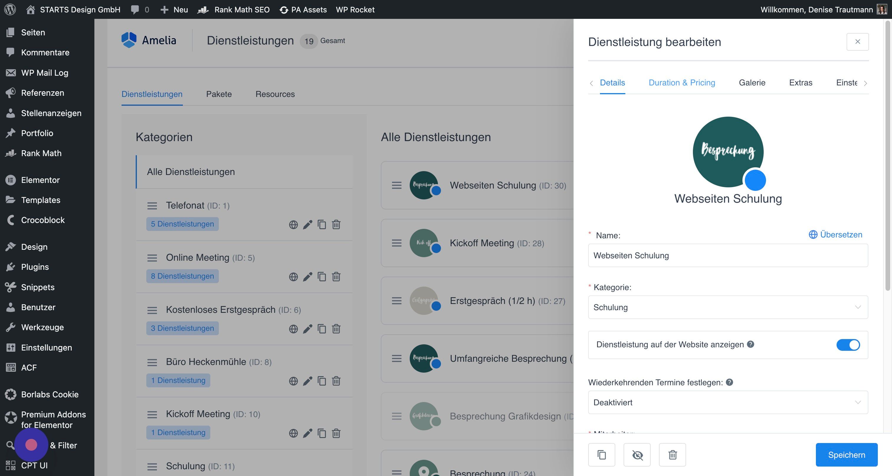 Screenshot of: Bei "Duration & Pricing" sind die voreingestellten Parameter aus den globalen Einstellungen hinterlegt. Hier kannst Du diese für diesen bestimmten Termin ändern.