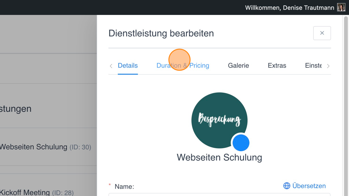 Screenshot of: Bei "Duration & Pricing" sind die voreingestellten Parameter aus den globalen Einstellungen hinterlegt. Hier kannst Du diese für diesen bestimmten Termin ändern.