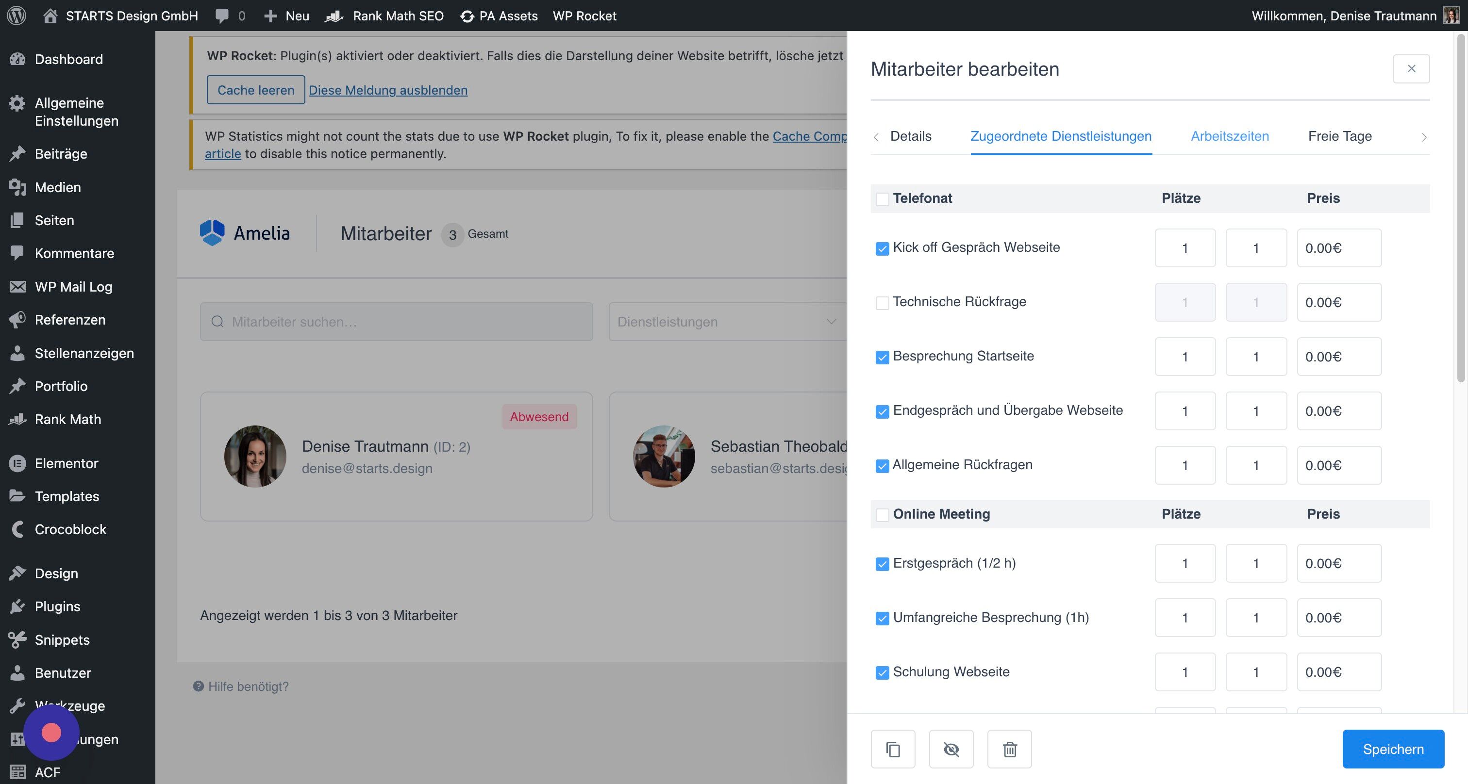 Screenshot of: Bei "Arbeitszeiten" kannst Du außerdem Deine Verfügbarkeit einstellen und auch, wann Du für welche Terminart verfügbar sein möchtest.