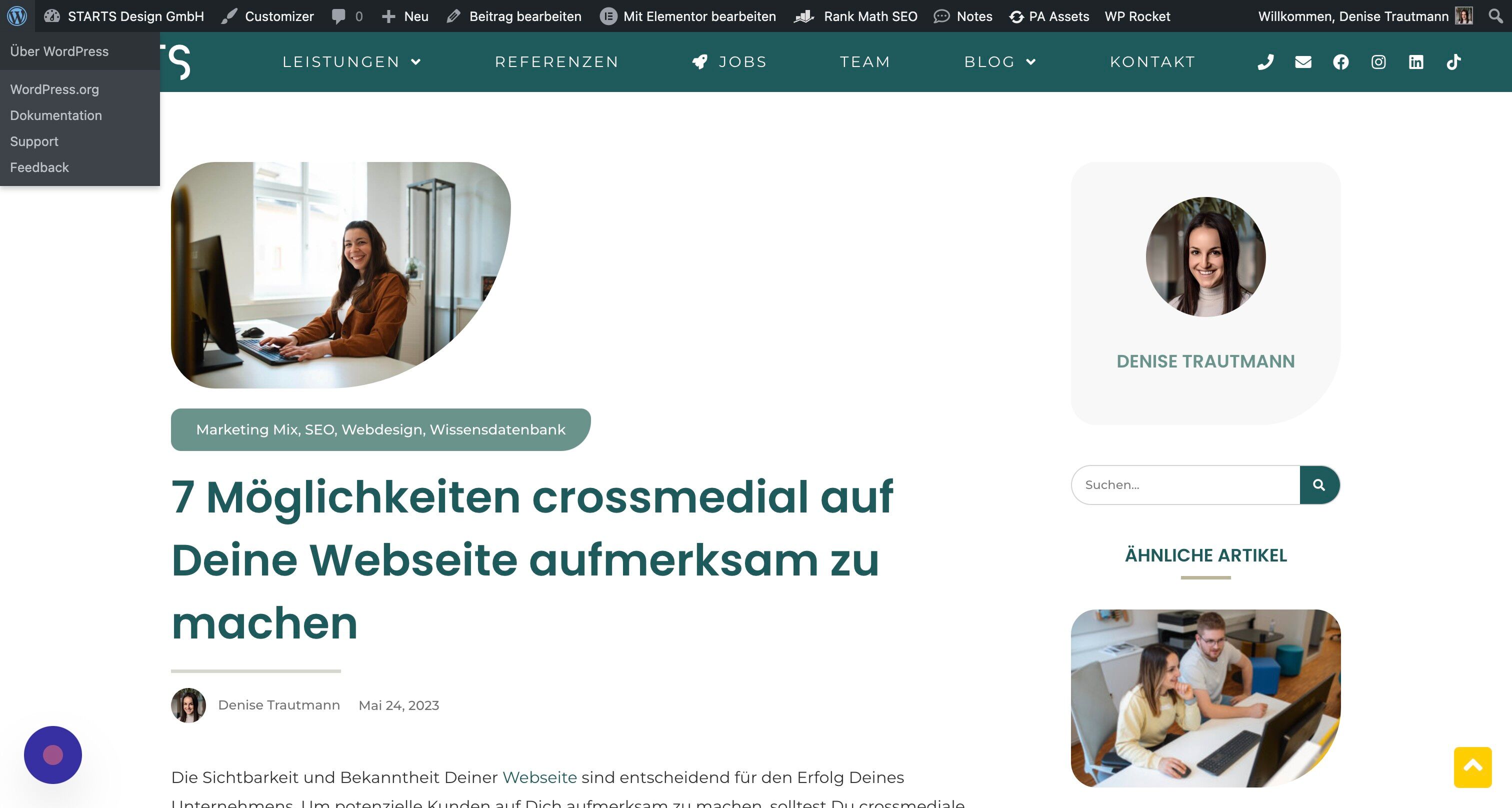 Screenshot of: Über einen Klick auf das "W" kommst Du außerdem zurück zum Admin Dashboard.