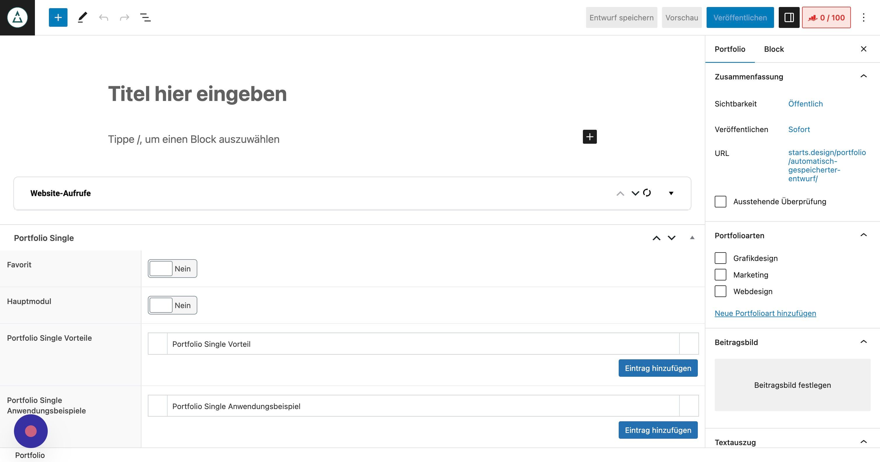 Screenshot of: Gib anschließend einen eindeutigen "Titel" ein, der gleichzeitig die Endung der URL bildet, unter der Dein neuer Datensatz später auf der Webseite erreichbar sein wird.