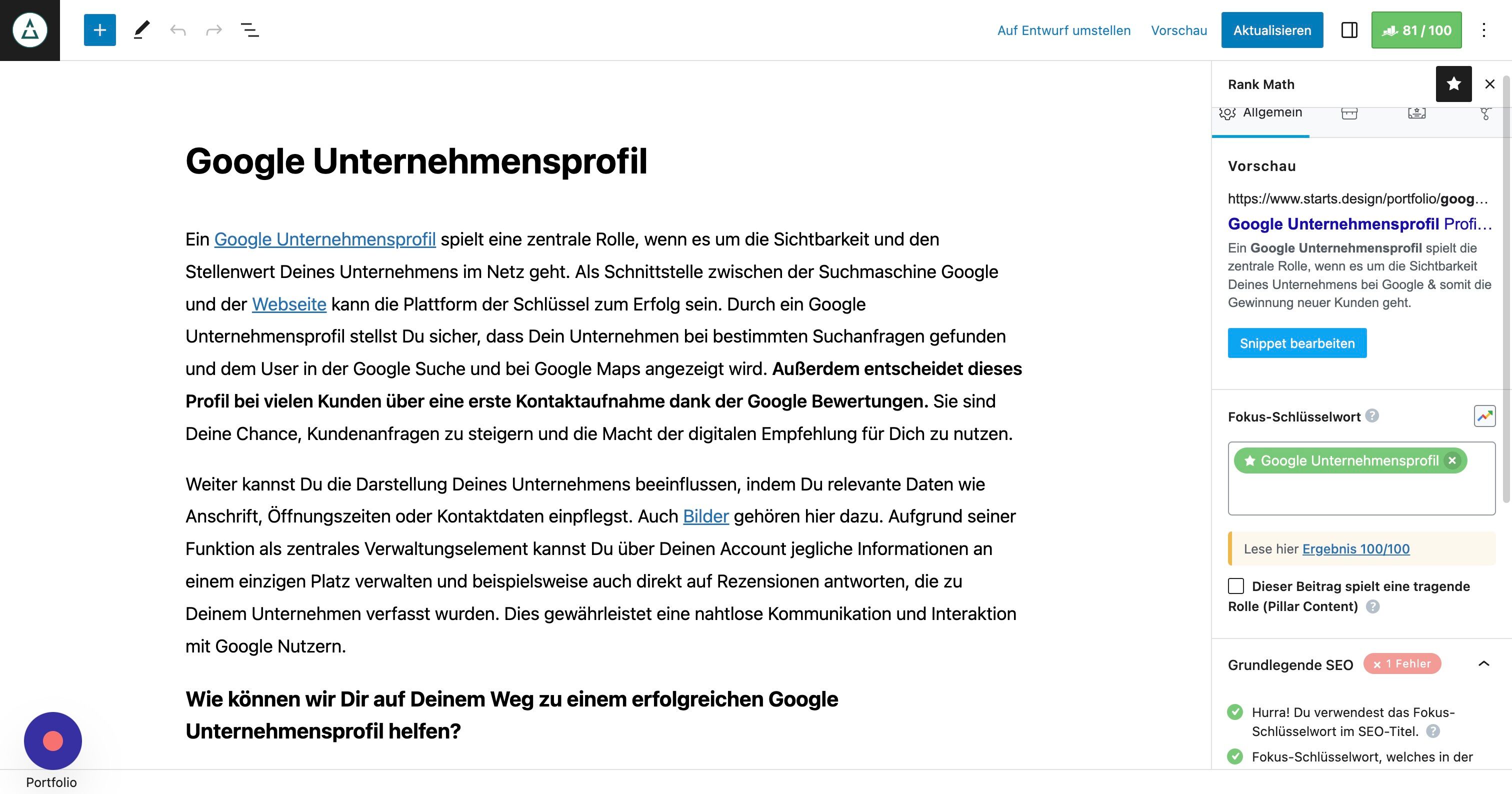 Screenshot of: Passe zunächst über "Snippet bearbeiten" das Google Snippet an. Hier kannst Du Titel und Beschreibung ändern. Wichtig: Bitte passe nicht den Permalink an.