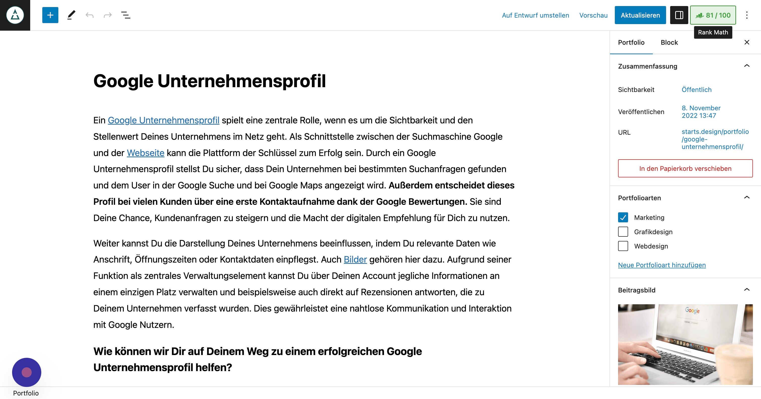 Screenshot of: Klicke auf die Zahl oben rechts mit X/100 Punkten. Hier kannst Du Deinen neuen Datensatz selbst für Suchmaschinen optimieren, sodass er anschließend besser gefunden werden kann und Du so für mehr Webseitenbesucher sorgst.