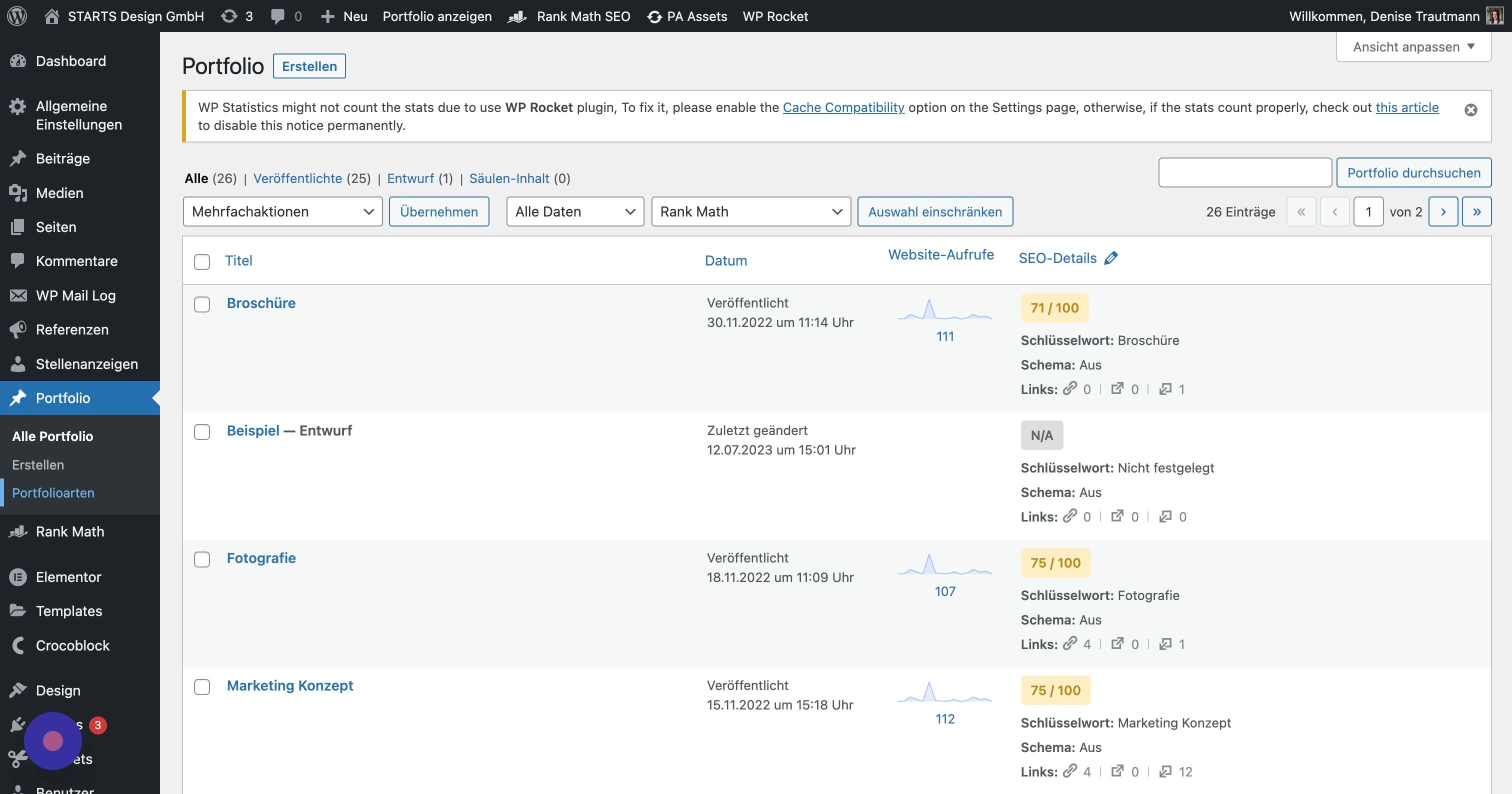 Screenshot of: Um die Kategorien an sich zu bearbeiten, gehe zurück zum WordPress Admin Menü und klicke auf die Kategorie, hier bspw. "Portfolioarten".