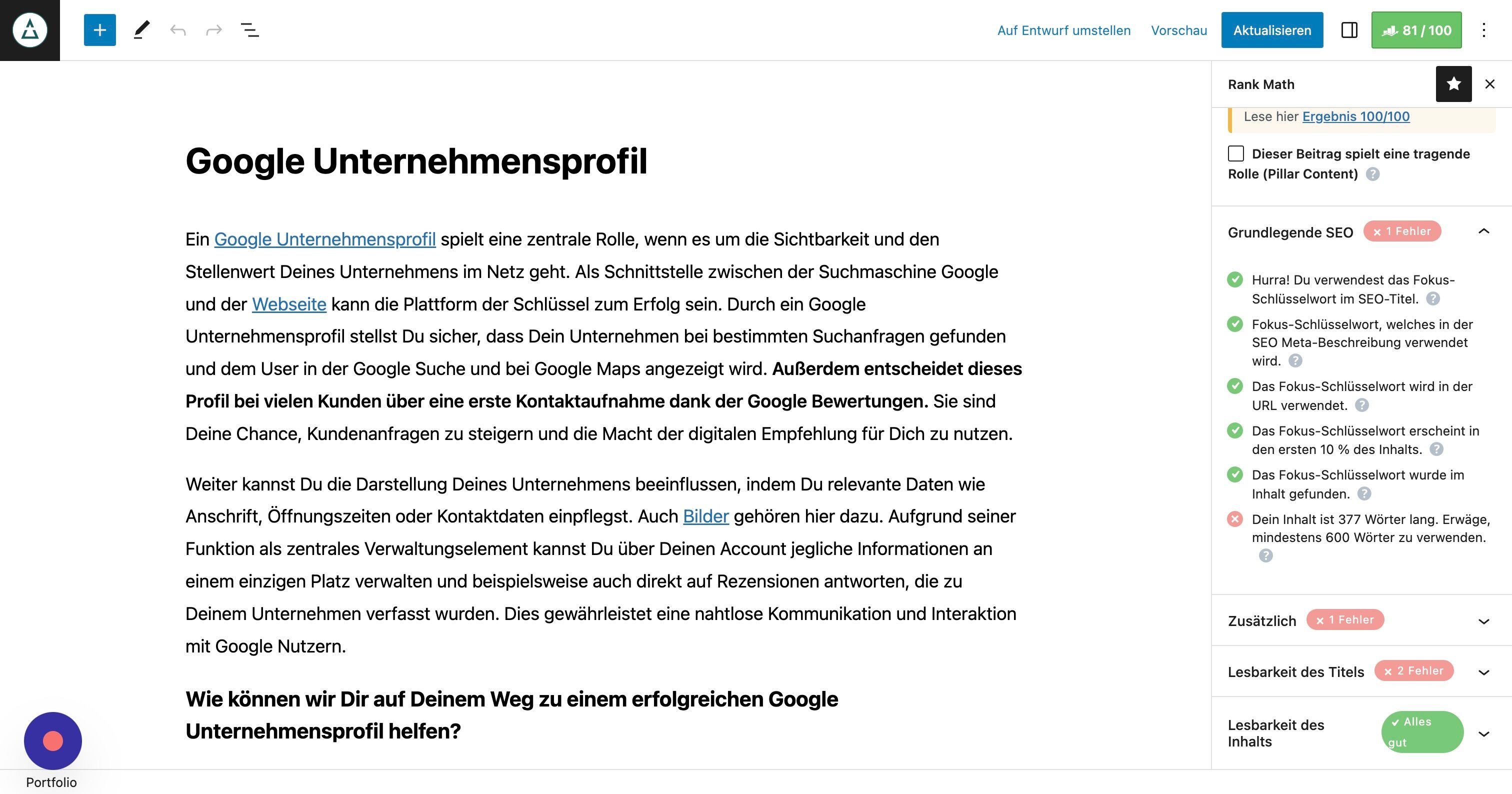 Screenshot of: Außerdem gibt Dir das Tool viele weitere Hinweise, wie Du Deine Texte optimieren kannst.