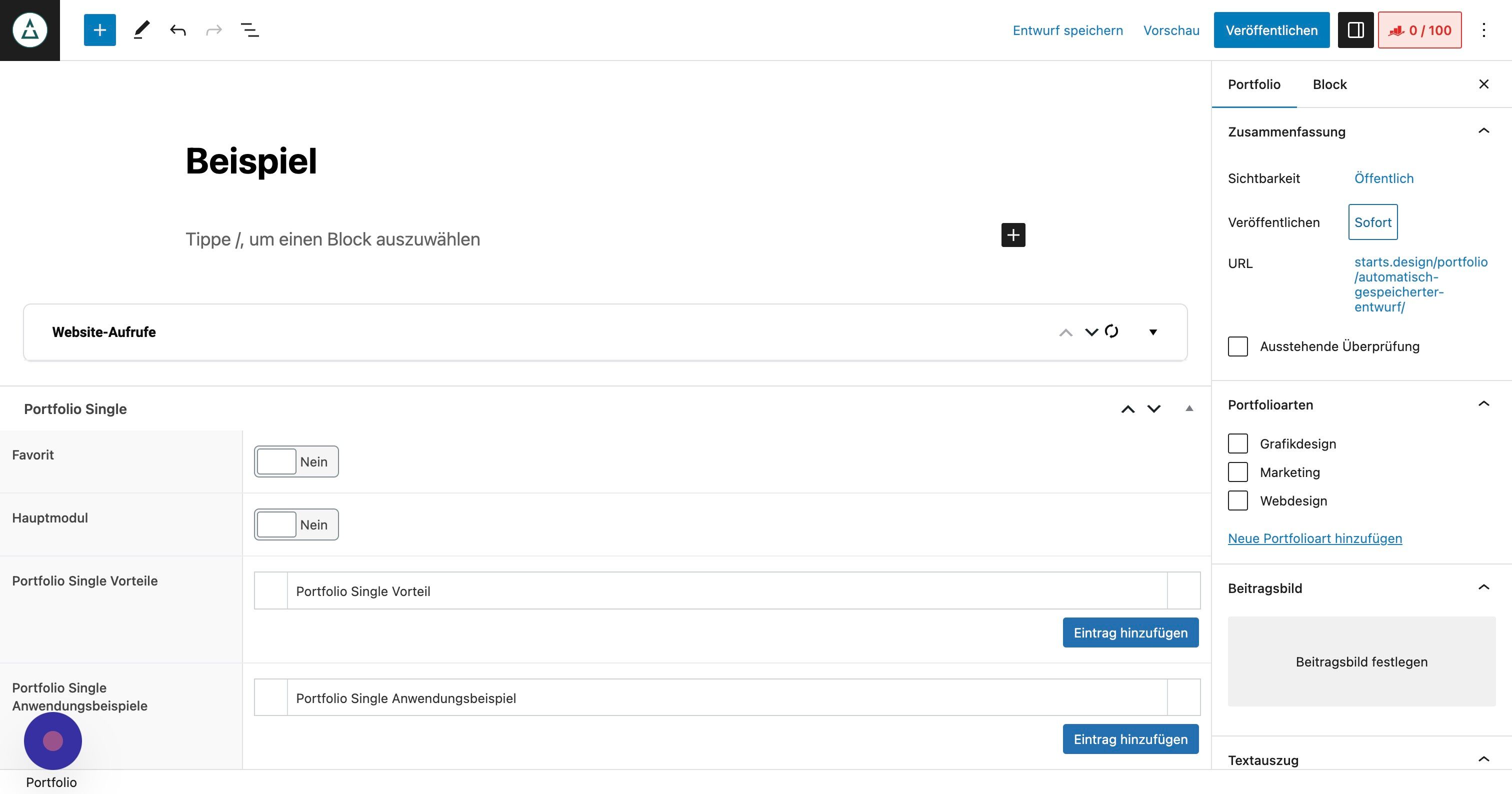Screenshot of: Nun kannst du entweder über den blauen Button "Veröffentlichen" den neuen Datensatz direkt online nehmen oder ihn als "Entwurf speichern" (links daneben) sowie über den Klick in "Sofort" für einen bestimmten Tag vorplanen.