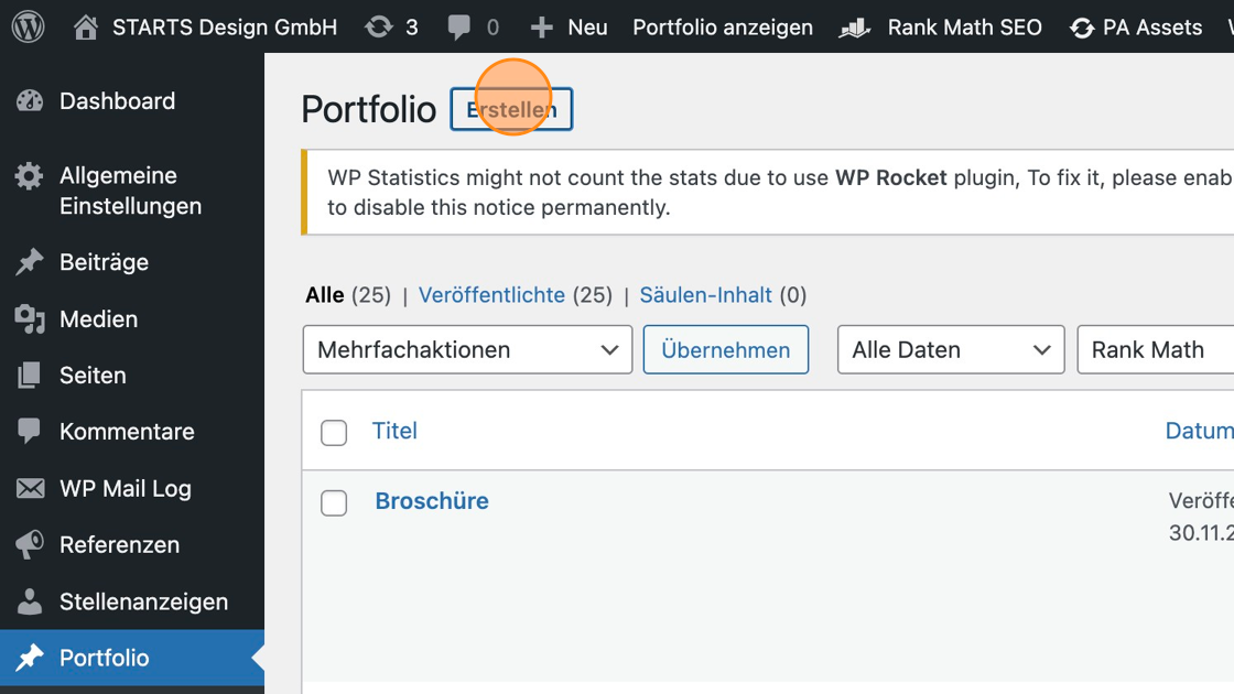 Screenshot of: Um einen neuen Datensatz anzulegen, klicke bei Deiner dynamischen Inhaltsverwaltung oben auf den Button "Erstellen".