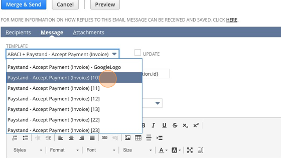 Screenshot of: Ensure you select the appropriate email template for the specific subsidiary. The email template name is "Accept Payment Invoice."