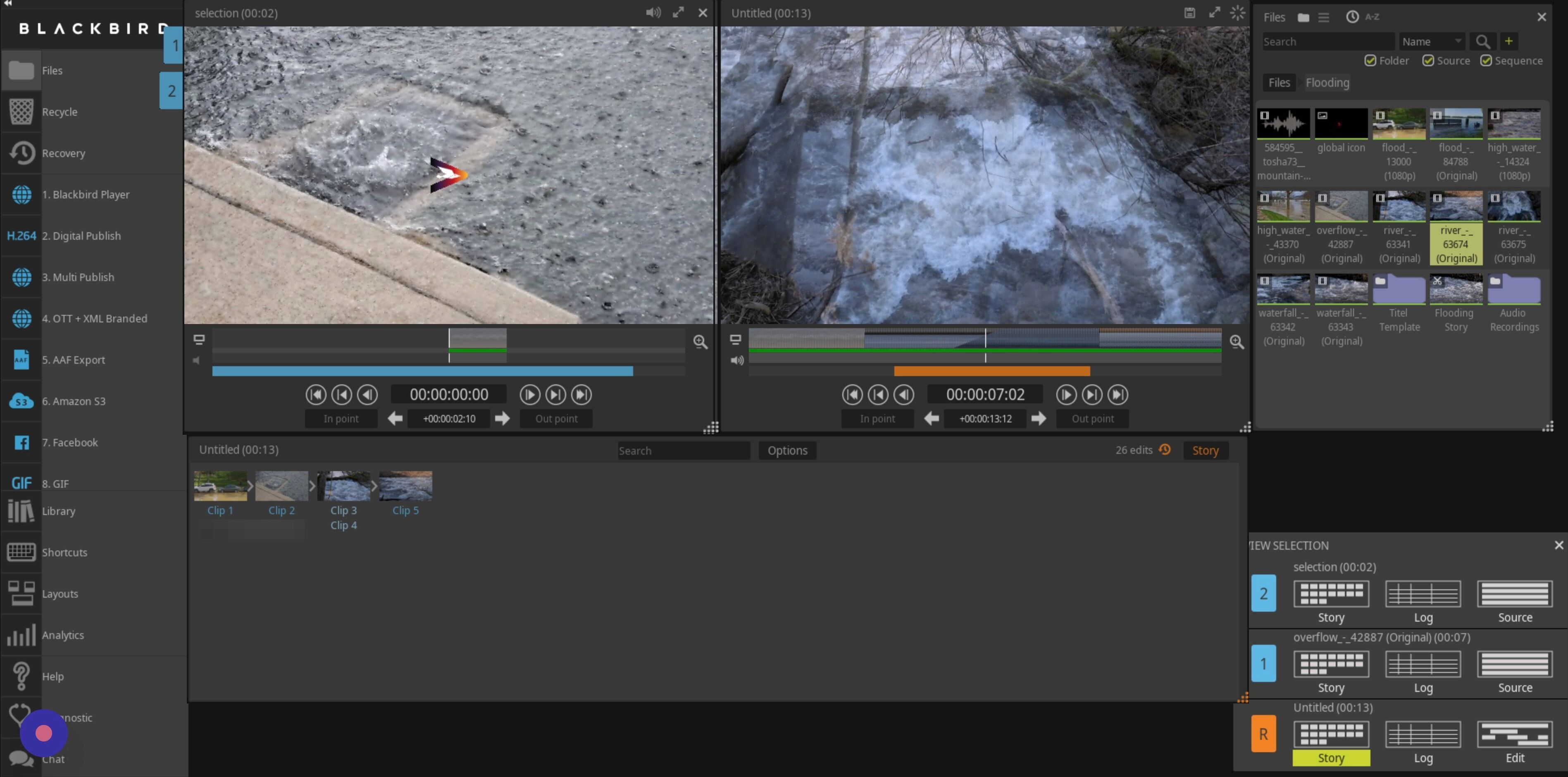 Screenshot of: Story Mode only displays an icon for every clip or group of clips between two cuts/edit points that have no overlapping media. 