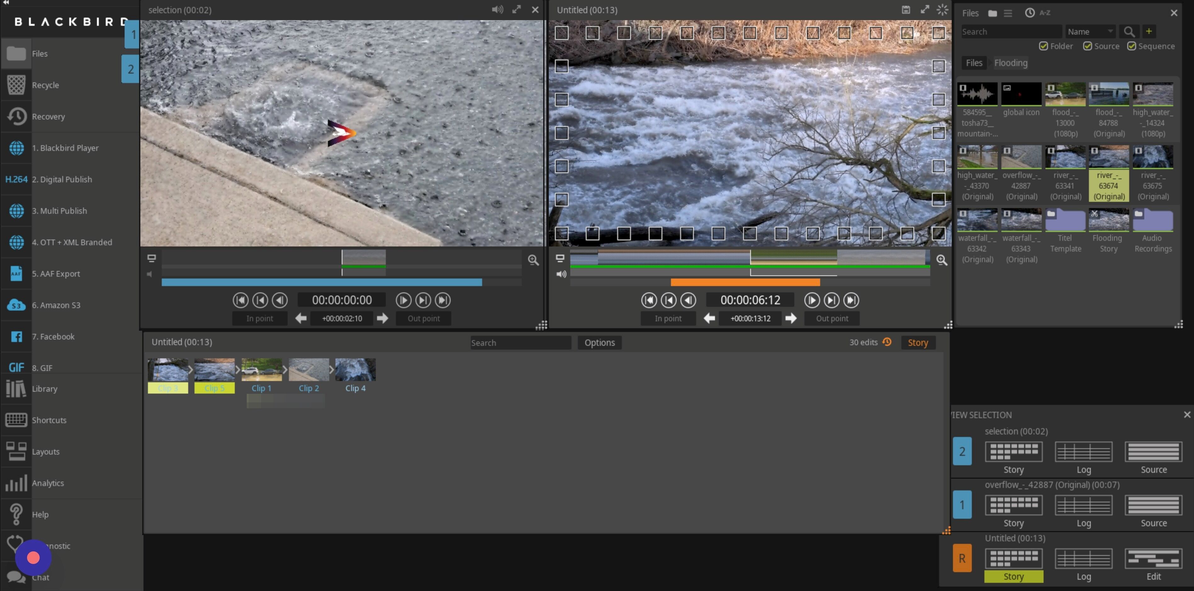 Screenshot of: Multiple clips can be selected by lassoing them, holding shift select, or using [control + select] to select non-contiguous clips. 
