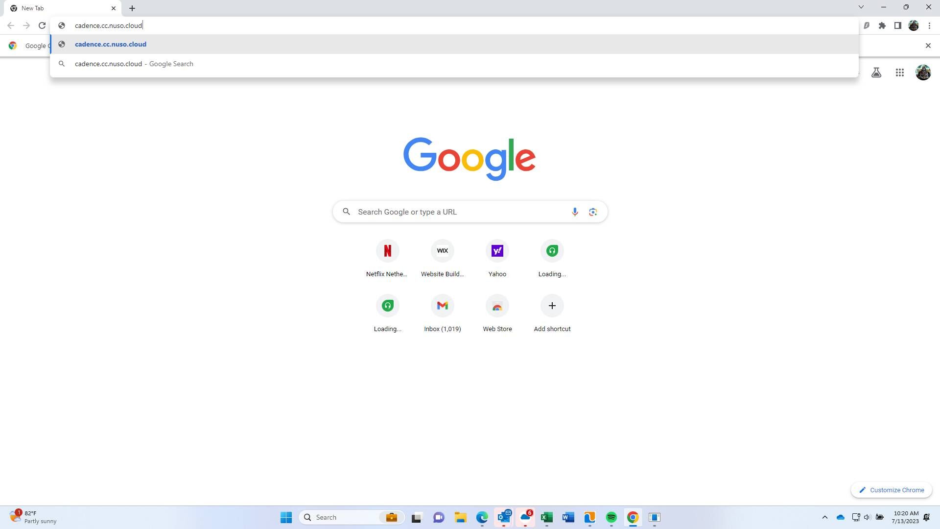 Screenshot of: Type in the web URL for your company by typing "(company name).cc.nuso.cloud" and then press Enter.