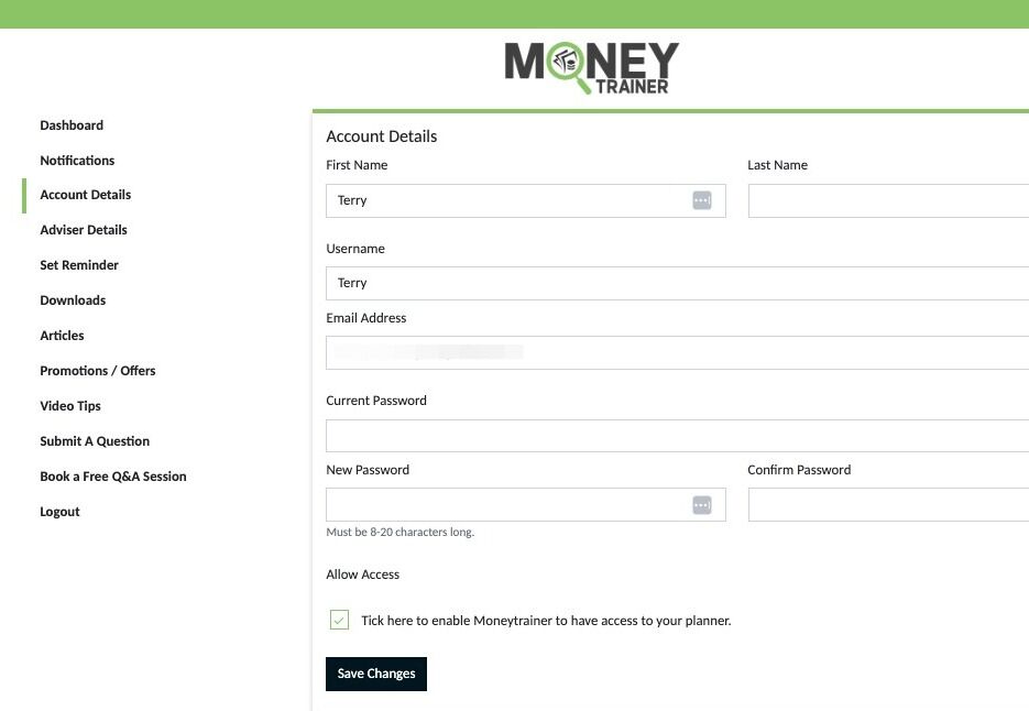 Screenshot of: "Account Details" This is where you can update your personal details, change your password or cancel your subscription.