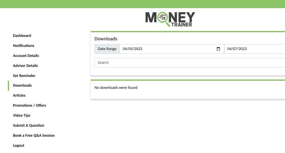 Screenshot of: "Downloads" This section is where you will find any PDF copies of your budget if you have downloaded a file at any time.