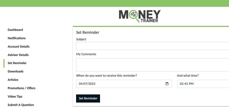 Screenshot of: "Set Reminder" can be used for any reminders you may want to ensure you don't forget important tasks.