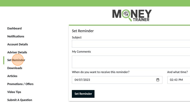 Screenshot of: "Set Reminder" can be used for any reminders you may want to ensure you don't forget important tasks.