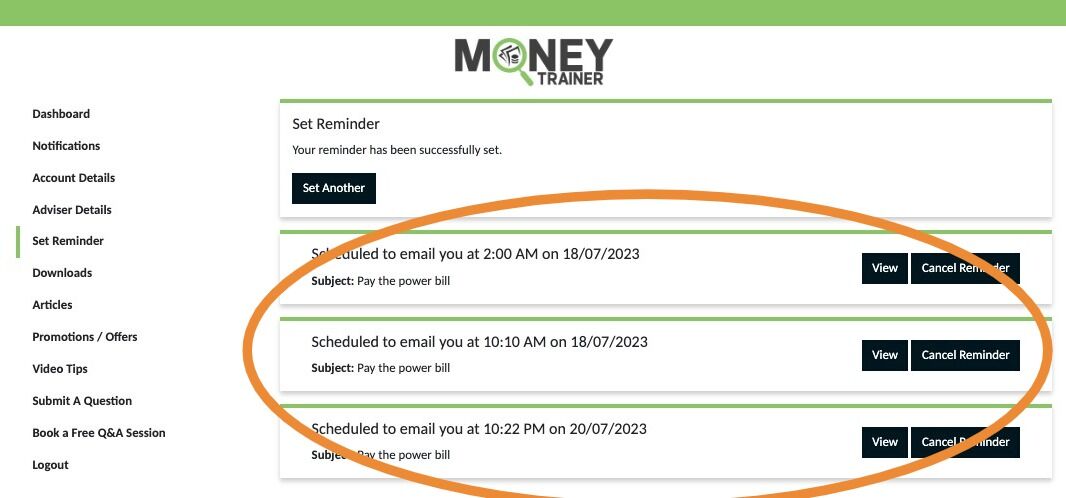 Screenshot of: Any current reminders can be viewed here or cancelled if you no longer require them.