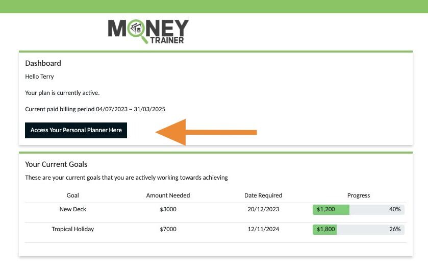 Screenshot of: This is where you also access the button to go to your personalised budget/plan.