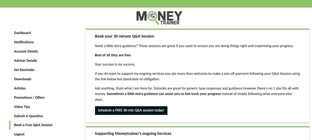 Screenshot of: "Book a Free Q&A Session" Sometimes the help needed is more than just a simple question. You can use this function to book a zoom video call if your really stuck and need some personal guidance.