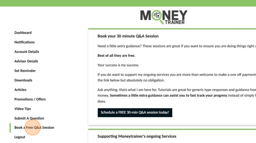 Screenshot of: "Book a Free Q&A Session" Sometimes the help needed is more than just a simple question. You can use this function to book a zoom video call if your really stuck and need some personal guidance.