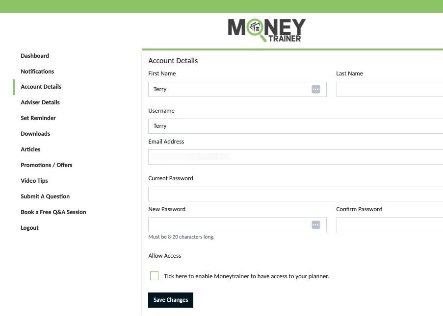 Screenshot of: Tick here and then click 'Save Changes' ' to enable Moneytrainer to have access to your planner if you are getting one on one coaching or need to for customer support.

Unticking and saving will remove access for Moneytrainer.
