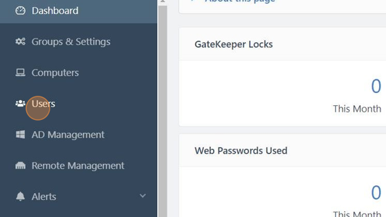 Screenshot of: Log in to the "GateKeeper Hub" and click "Users".