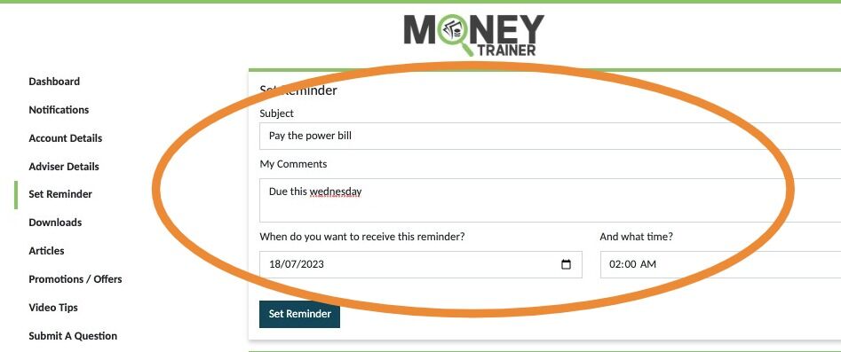 Screenshot of: Add details for your reference, set the date and time you want the reminder sent and then click 'Set Reminder' and we will email you when the time arrives.