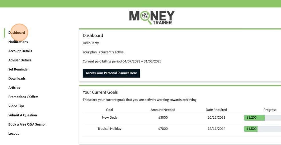 Screenshot of: Click "Dashboard" from any of the sections to return to your main dashboard area.