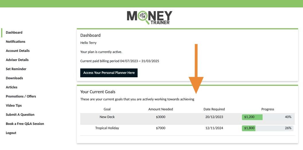 Screenshot of: 'Current Goals'
If you have added any of your identified goals to your plan they will appear herewhen you log in.

You can see the goal, amount you are aiming for, date you want to achieve it by and progress so far towards the goal.