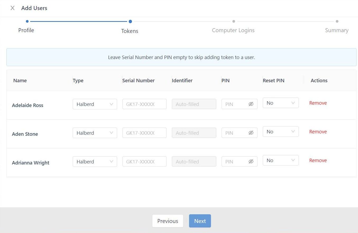 Screenshot of: Fill out their token Serial Number and click Next.