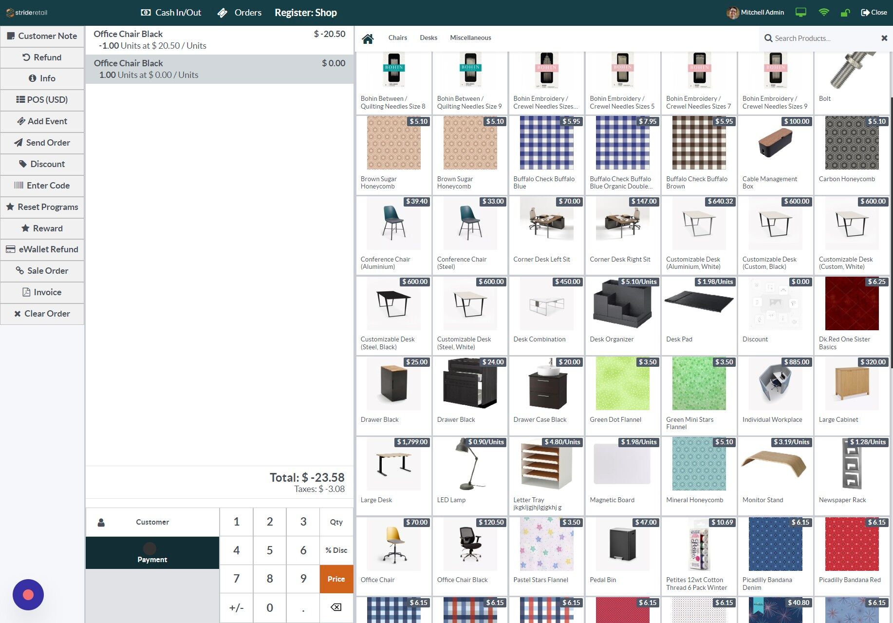 Screenshot of: Now it shows one chair being "returned" and a refund of -$20.5 and one chair being bought so in reality there are now chairs coming in or going out.  It's a wash.

Click "Payment"