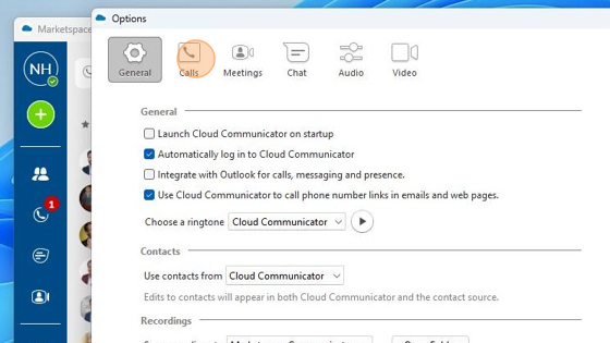 Screenshot of: Here we have our General setting where we can adjust start up options, recording file destinations and other various options. Next, let's check our call settings.
