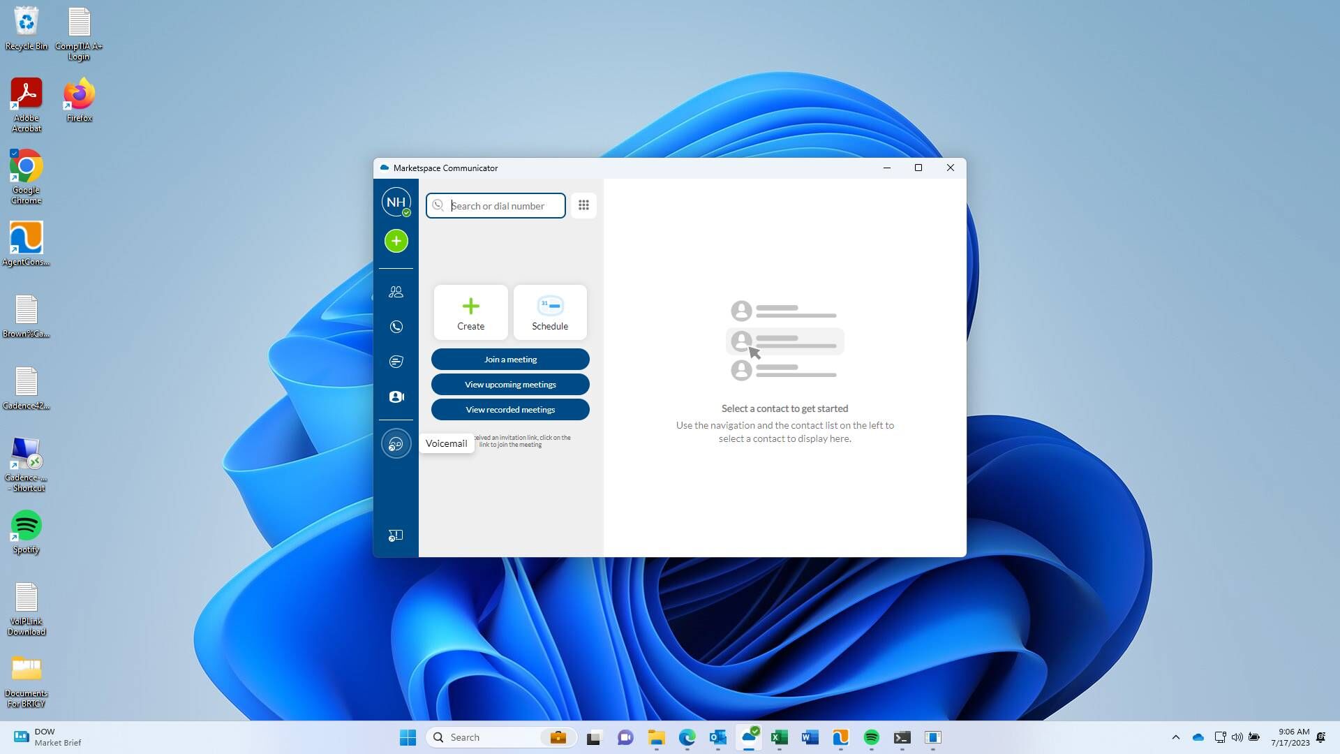 Screenshot of: Lastly we have your Voicemail. This will open up your CommPortal in whatever your default browser is set as. From here you can listen (or read with transcription) your voicemails and access information about recent calls. 
