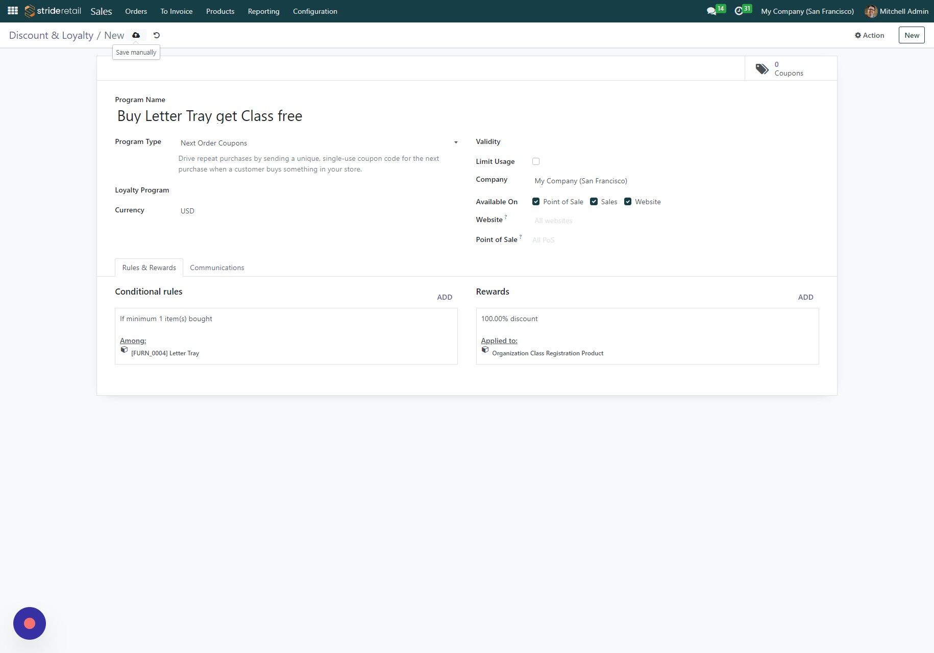 Screenshot of: Click here to save.  You have now finished creating the next order coupon program.