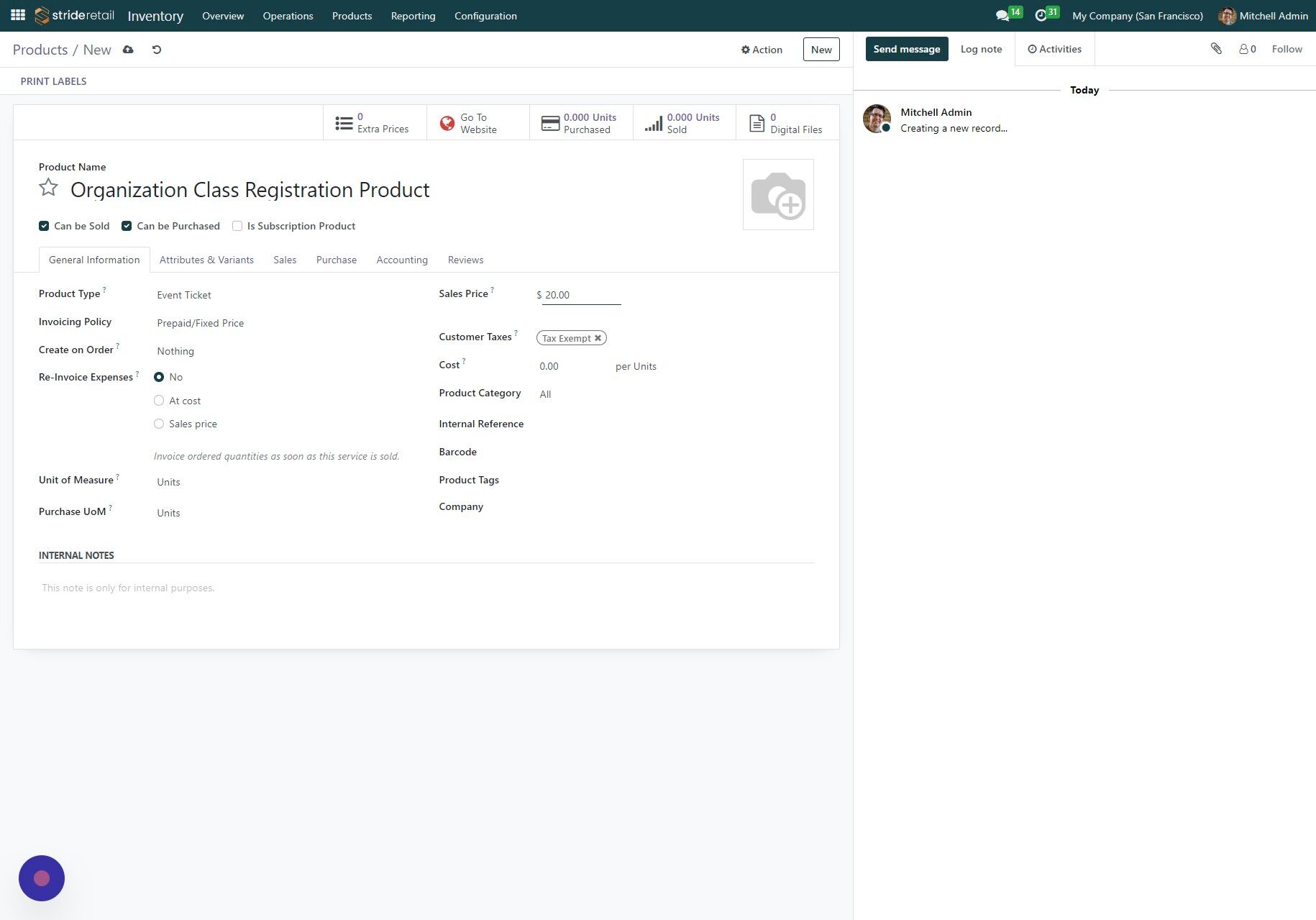 Screenshot of: Event Registration product cretaed.