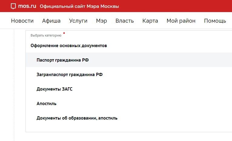 Screenshot of: Выберите "Паспорт гражданина РФ".