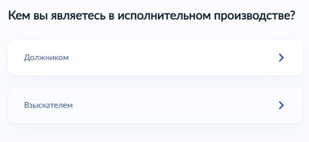 Screenshot of: Укажите, кем Вы являетесь в исполнительном производстве. При выборе определенной роли, необходимо будет указать данные другой стороны. 