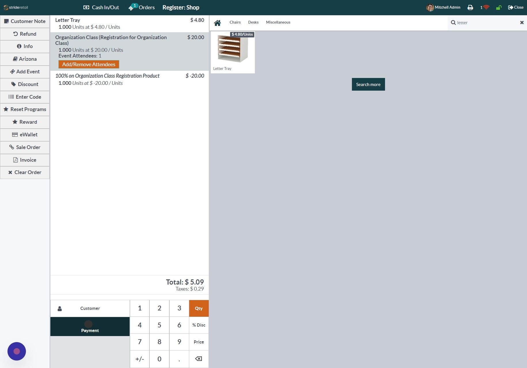 Screenshot of: Once the person is registered the promo is automatically added to the cart.  You can now accept payment and finish the order.  The person is now registered for the class.